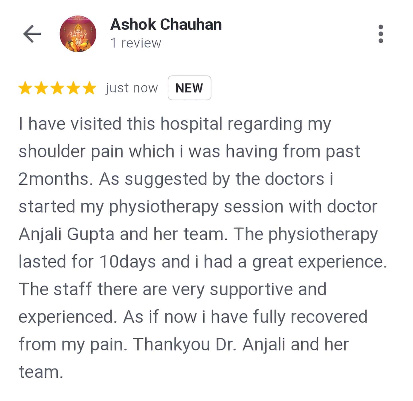 Patient review screenshot 4 for Dr. Anjali's Physiotherapy & Rehab, Wakad, Pune